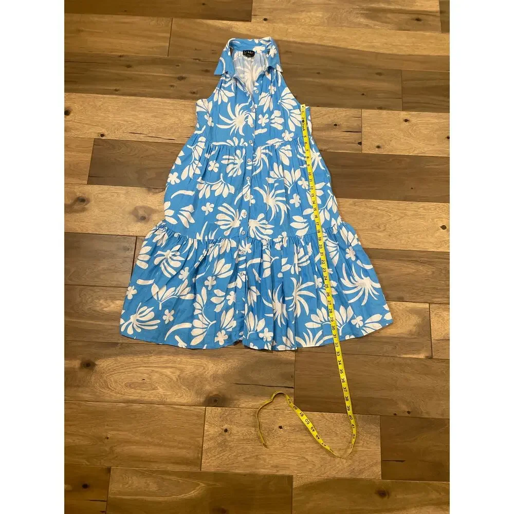 Nicole Miller Linen‑Blend Blue Floral Button‑Front Dress Size XS Loose Fit